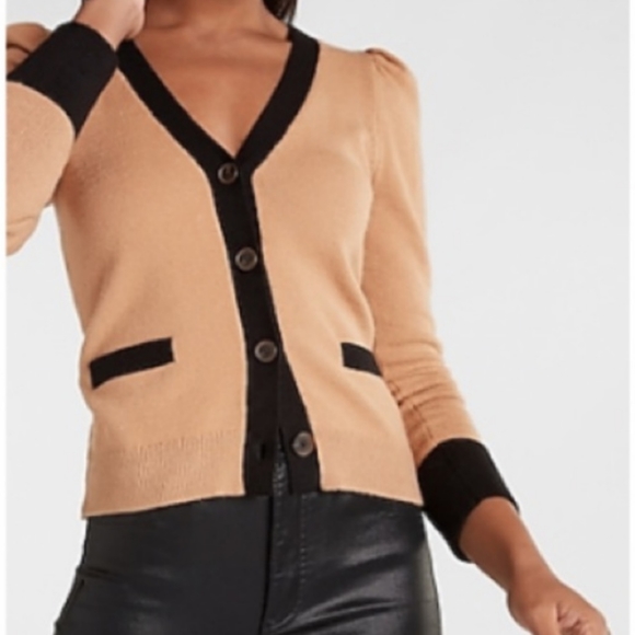 Express Sweaters - Express button down v-neck camel color with black trim puff sleeves size xs